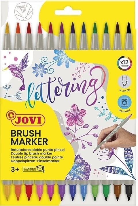 Jovi Brush Marker Pack de 12 Rotuladores Doble Punta - Punta Pincel 4,5mm y Punta Rigida 2,5mm - Tinta Base Agua - Ideal para Lettering - Colores Surtidos