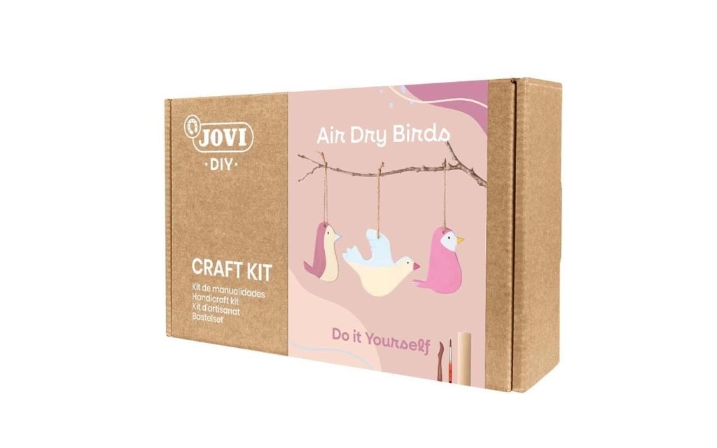 Jovi Diy Kit de Manualidades para Hacer Pajaros - Pasta Endurecible Air Dry - 500g Airdry - Rodillo de Madera - Herramientas de Modelaje - Pintura Gouache - Pinceles - Libreta - Cuerdas de Lino - Color Varios