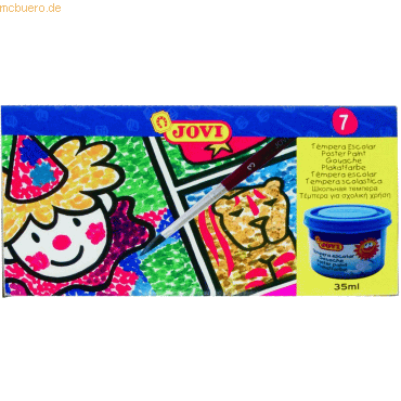 Jovi Pack de 7 Botes de Tempera 35ml - Mezclables - Para Papel, Cartulina, Madera, Tela, Pasta de Modelar y Barro - Incluye Pincel - Colores Surtidos