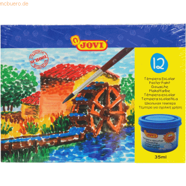 Jovi Pack con 12 Botes de Tempera 35ml - Mezclables - Para Papel, Cartulina, Madera, Tela, Pasta de Modelar y Barro - Incluye Pincel - Colores Surtidos