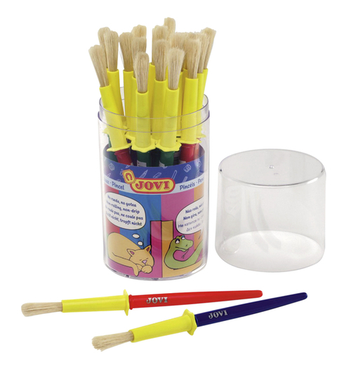 Jovi Jumbo Paint Brushes Bote 20 Pinceles Medianos Pelo Cerda - Gruesos de Pelo Natural - Mango de Plastico - No Gotean - Limpieza Facil - Sistema de Corona Antirrodamiento - Color Varios