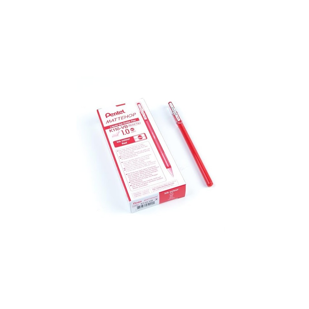 Pentel Mattehop Boligrafo de Bola - Punta 1mm - Trazo 0.5mm - Tinta de Gel Opaca - Fabricado con 55% de Materiales Reciclados - Color Rojo