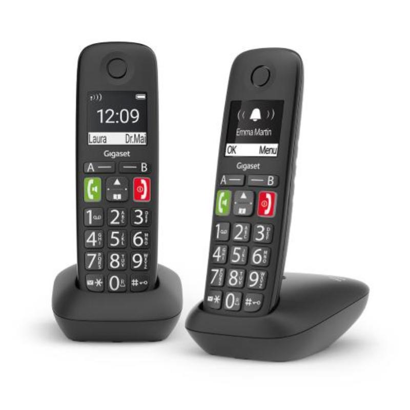 Gigaset E290 Duo Telefono Inalambrico Dect + 1 Supletorio - Pantalla Grande en B/N - Teclas con Numeros Grandes - Volumen con Funcion Amplificador - Color Negro