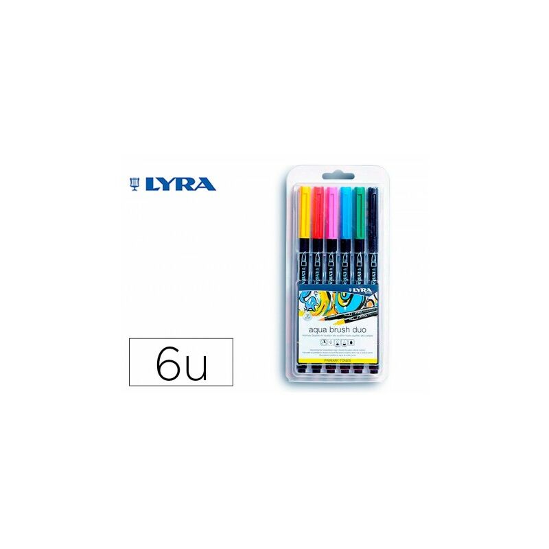 Lyra Aqua Brush Duo Basic Tones Pack 6 Rotuladores de Doble Punta - Punta Pincel 4mm, Punta Fina 2mm - Tinta Base de Agua - Colores Basicos Surtidos