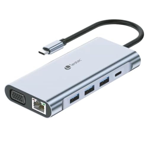 Leotec Adaptador 11 en 1 USB-C a 1xHDMI, 1xVGA, 1xRJ45, 3xUSB-A 3.0, 1xUSB-C PD, 1xUSB-C, 1xTF+1xSD, 1x Audio - Color Gris