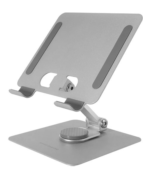 Mars Gaming MA-RST Soporte Tablet Convertible - Acero Resistente - Rotacion 360º - Ajuste Altura 180º - Ultrafino y Plegable - Base Antideslizante - Color Plata