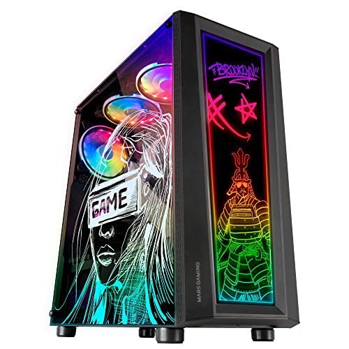 Mars Gaming MC-ART Caja Semitorre ATX, Micro ATX, Mini-ITX - Frontal y Lateral Cristal Templado en los que podras Crear tus Diseños - Iluminacion FRGB - USB-A 3.0, USB-A 2.0 y Audio - 1 Ventilador 120mm FRGB Incluido - Soporta Refrigeracion Liquida