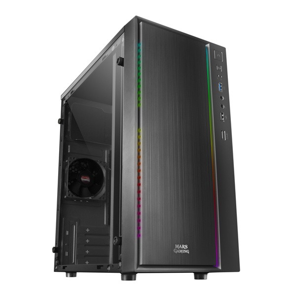 Mars Gaming MCM Caja Minitorre Micro ATX, Mini-ITX - Panel Lateral Acrilico - Iluminacion RGB - Tamaño HDD 2.5", 3.5" - USB-A 3.0, USB-A 2.0 y Audio - 1 Ventilador 80mm Incluido
