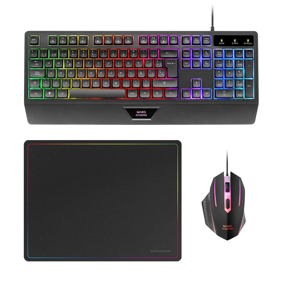 Mars Gaming MCP124 Combo Gaming 3en1 - Teclado H-Mech Ergonomico - Raton RGB Switches HUANO - Alfombrilla Nanotextil Rainbow - Compatibilidad Multiplataforma - Color Negro