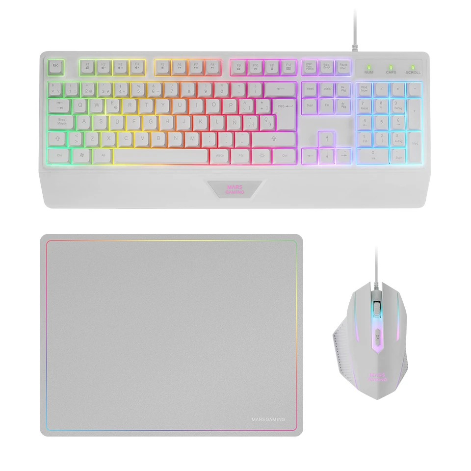 Mars Gaming MCP124 Combo Gaming 3en1 - Teclado H-Mech RGB - Raton RGB Switches HUANO - Alfombrilla Nanotextil Rainbow - Compatibilidad Multiplataforma - Color Blanco