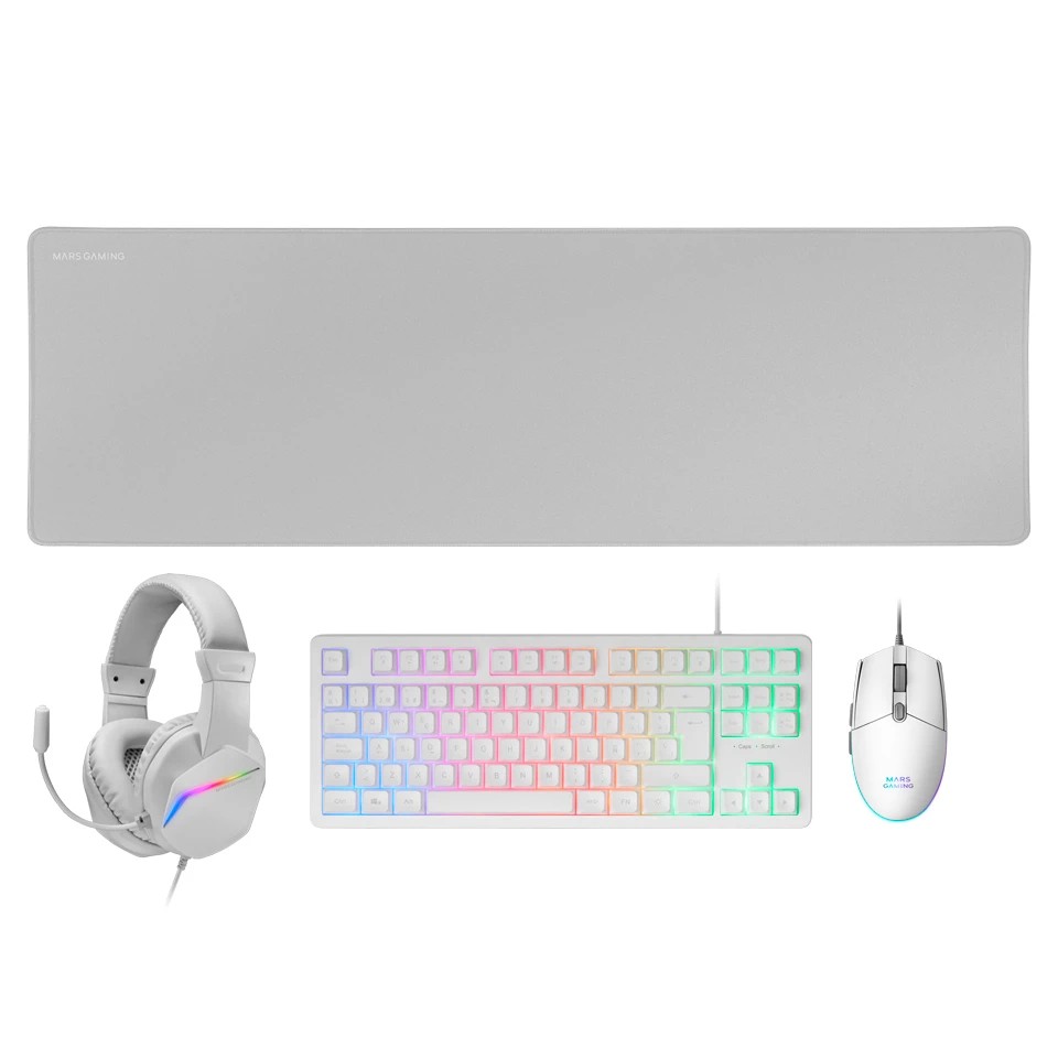 Mars Gaming MCP-RGB3 Combo Gaming 4en1 - Teclado TKL H-Mech - Raton 3200 DPI RGB - Auriculares FRGB con Cancelacion de Ruido - Alfombrilla XXL Antideslizante - Color Blanco