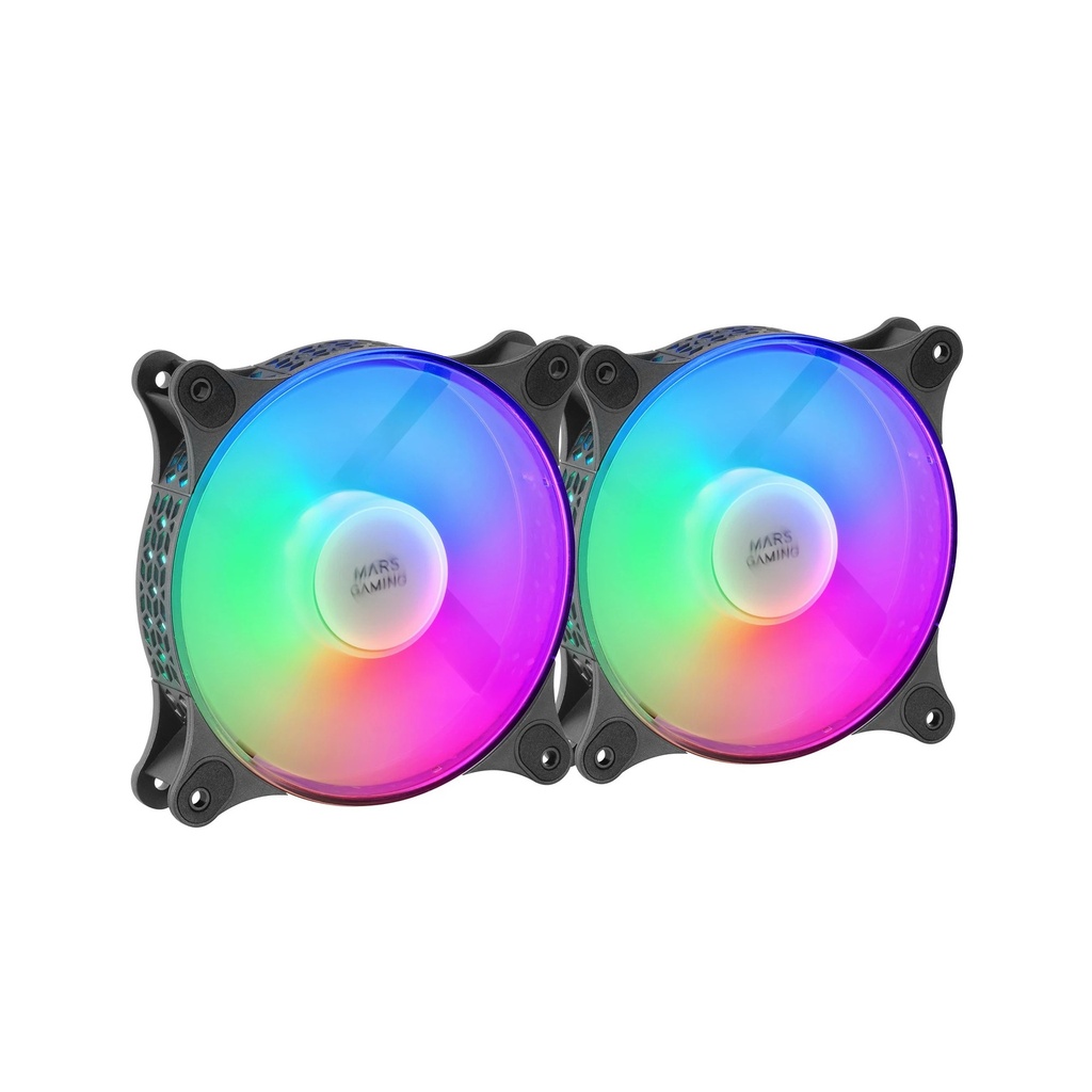 Mars Gaming Kit de 2 Espectaculares Ventiladores FRGB RAINBOW 360º - 120x120x25mm - Iluminacion 360º FRGB RAINBOW - Ventilacion Superior y Silenciosa - Conexion 3PIN+4PIN - Color Negro