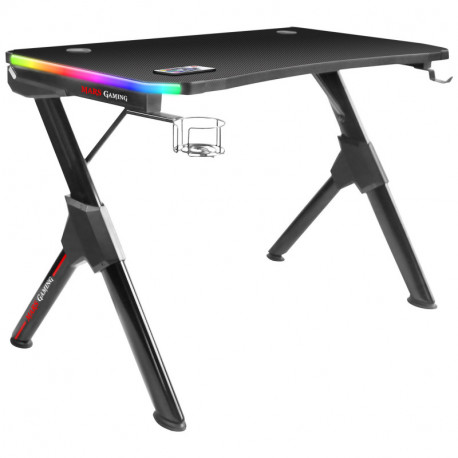 Mars Gaming MGD RGB Mesa Gaming - Iluminacion 3D ARGB - Estructura de Acero en Y - Tablero de Fibra de Carbono - Soportes Externos - Gestion de Cableado - Montaje Rapido - Color Negro
