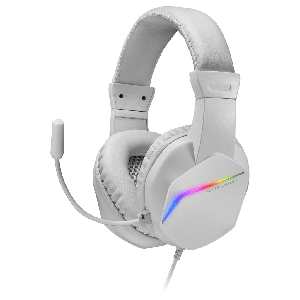Mars Gaming MH122 Auriculares Gaming - Sonido Hi-Fi Ultra-Bass - Iluminacion FRGB - Cancelacion de Ruido Pasiva - Compatibilidad Total - Color Blanco