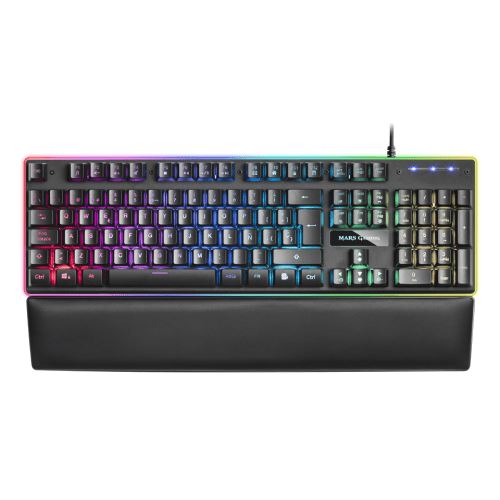 Mars Gaming Teclado MK320 - 439x135x37mm - H-MECH, Iluminacion RGB, Reposamuñecas Acolchado - Ergonomia y Prestaciones Profesionales - Color Negro