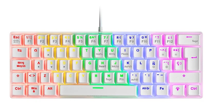 Mars Gaming MK60 Teclado Gaming Mecanico - Ultra-compacto 60% - Iluminacion RGB - Switches Antipolvo - Teclas Imborrables - Anti-ghosting Avanzado - Italiano - Color Blanco