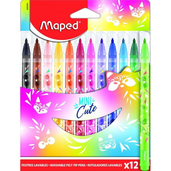 Maped Jungle Mini Cute Pack de 12 Rotuladores con Punta Media Bloqueada 2.8mm - Tinta Lavable - Colores Surtidos