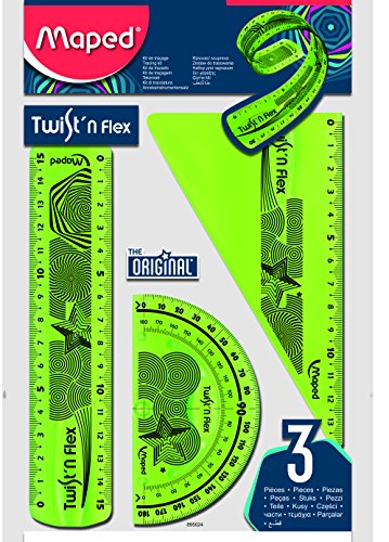 Maped Twist´n Flex Original Pack de Reglas Flexibles - Regla 15cm, Cartabon 60º/15cm, Transportador 180º/10cm - Colores Surtidos Aleatorios