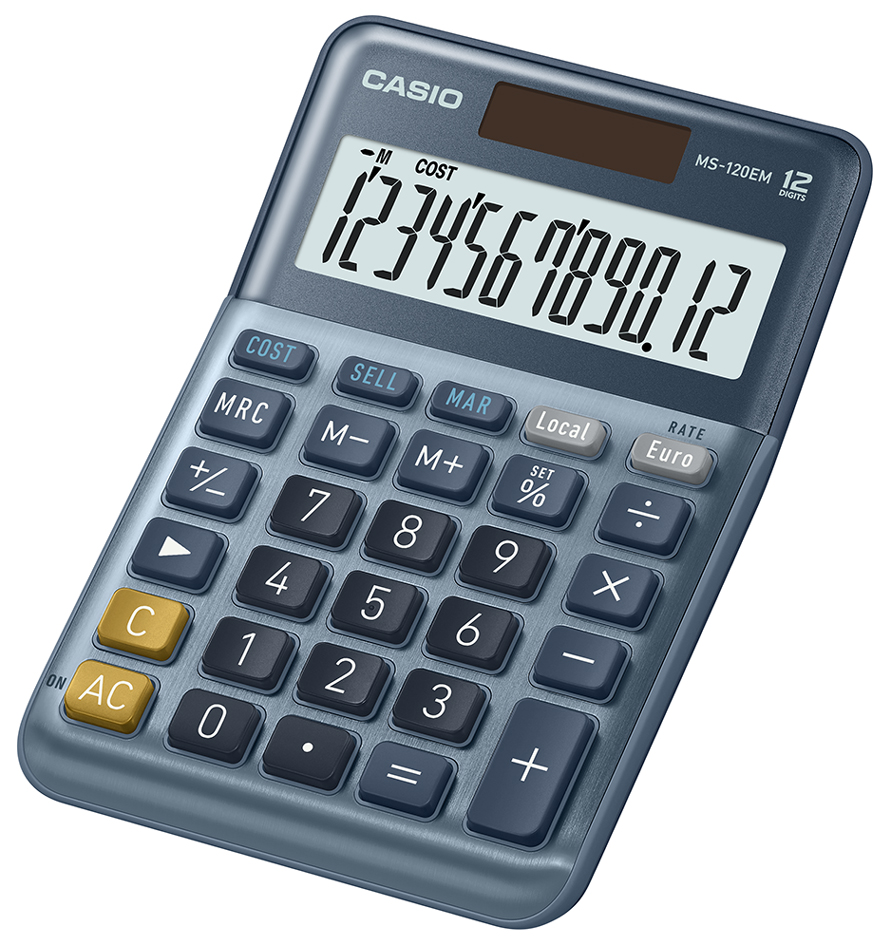 Casio MS-120EM Calculadora de Sobremesa Pequeña - Pantalla LCD de 12 Digitos - Alimentacion Solar y Pilas - Color Azul