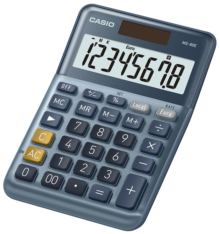 Casio MS80E Calculadora de Escritorio 8 Digitos - Tecla Doble Cero - Simbolos de Comando de Funcion - Calculo Avanzado de Porcentaje - Alimentacion Solar y Pilas - Color Azul
