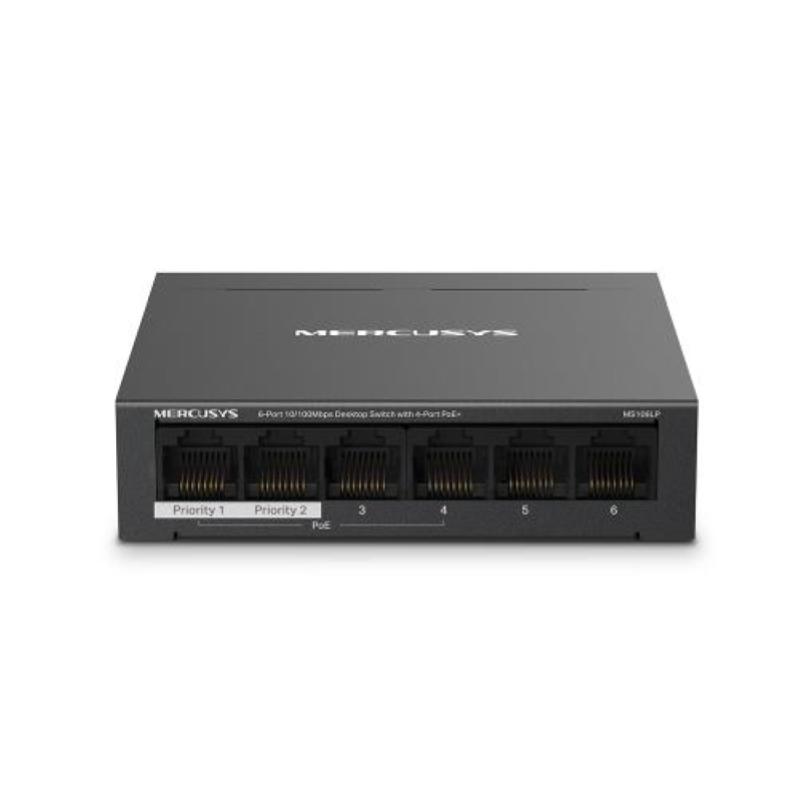 Mercusys Switch 6 Puertos RJ45 10/100Mbps - 4 Puertos PoE - Largo Alcance hasta 250m en Modo Extendido - Carcasa de Metal