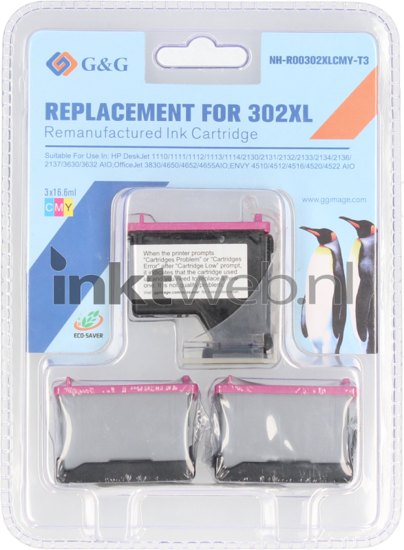 G&G HP 302XL Color Pack de 3 Cartuchos de Tinta Remanufacturados - Eco Saver - Muestra Nivel de Tinta - Reemplaza F6U67AE/F6U65AE