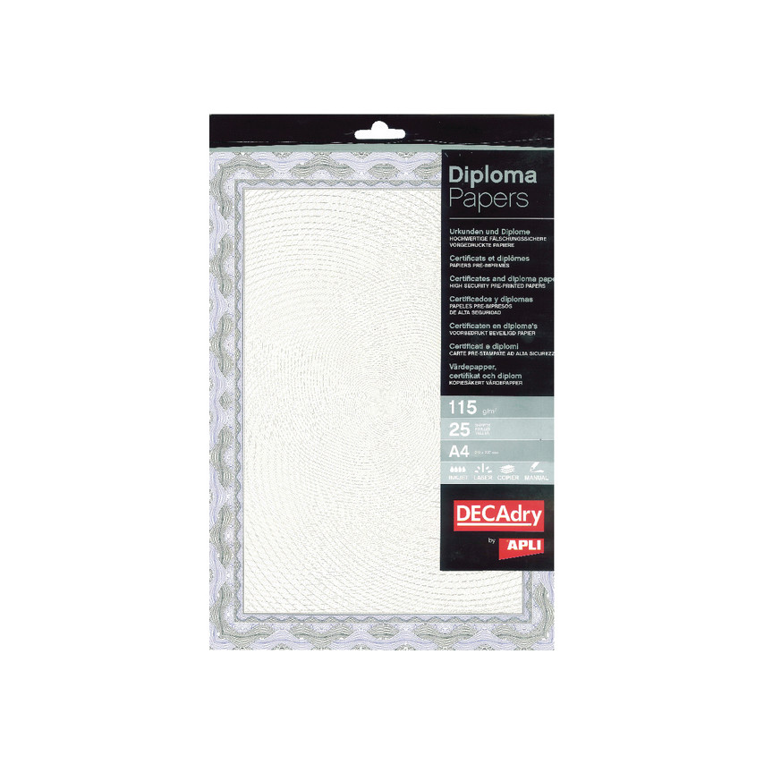 Apli Pack de 25 Hojas de Papel Certificado - Diseño Espiral - 115gr - Ideal para Certificados y Diplomas - Compatible con Impresoras Inkjet y Laser - Color Azul