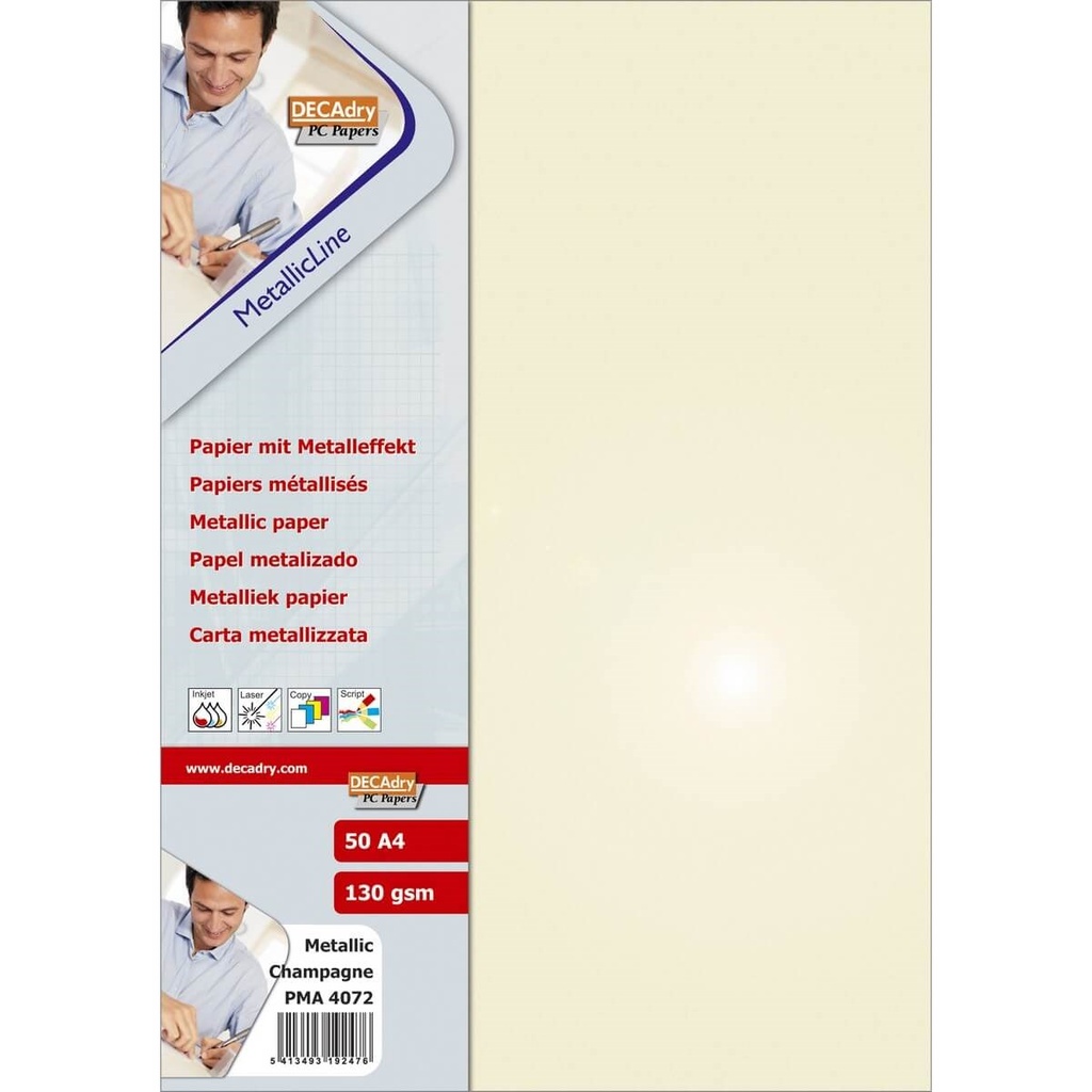 Apli Pack de 50 Hojas de Papel Metalizado - 130gr - Ideal para Invitaciones y Comunicaciones - Compatible con Impresoras Inkjet, Laser y Fotocopiadoras - Color Champan