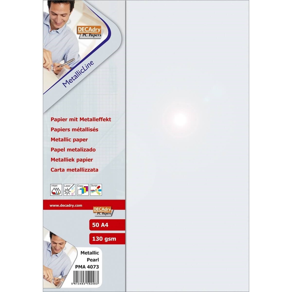 Apli Pack de 50 Hojas de Papel Metalizado - 130gr - Ideal para Invitaciones y Comunicaciones - Compatible con Impresoras Inkjet, Laser y Fotocopiadoras - Color Perla