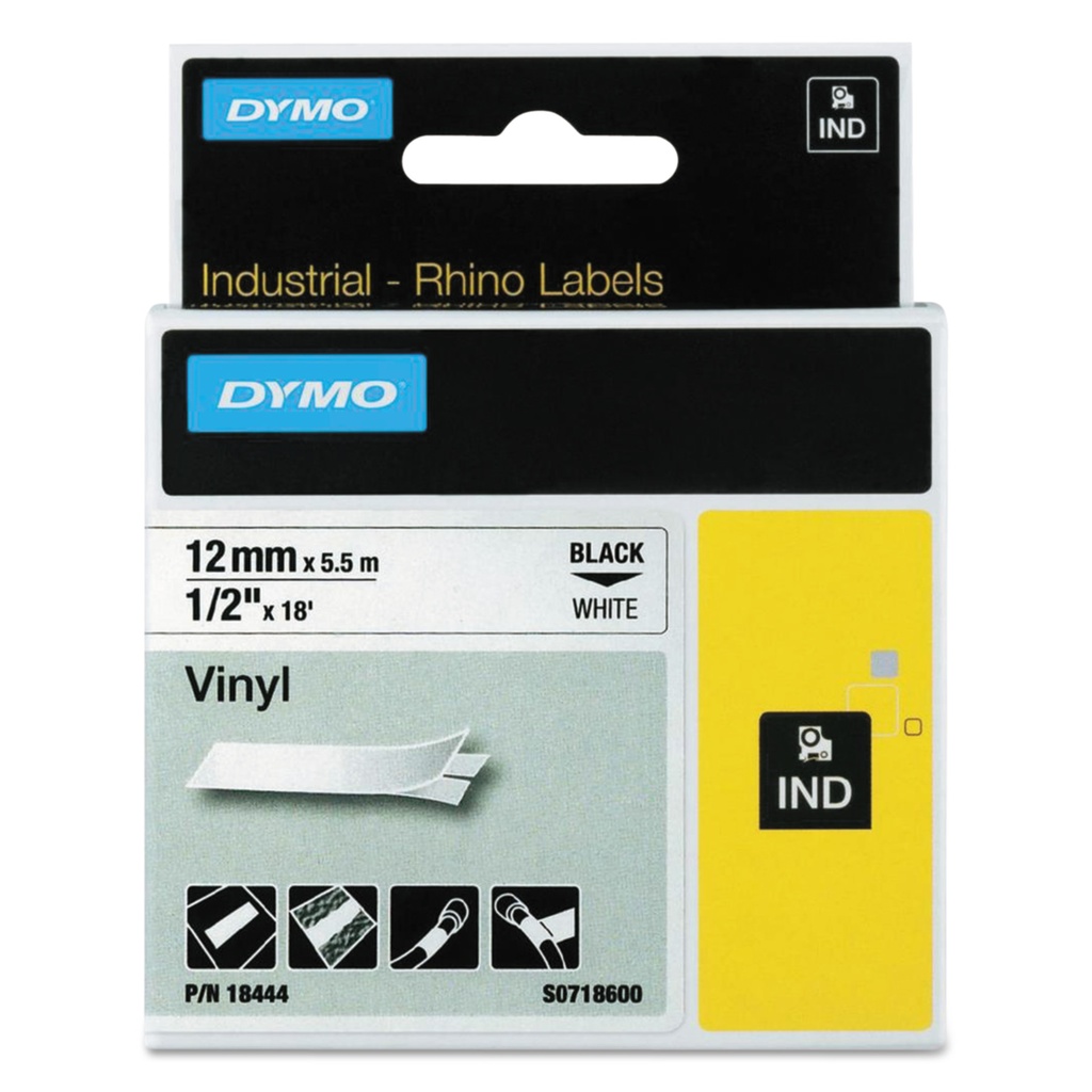 Dymo 18444 Rhino Industrial Cinta Vinilo Original para Rotuladora - Texto Negro sobre Fondo Blanco - Ancho 12mm x 5.5 metros - S0718600