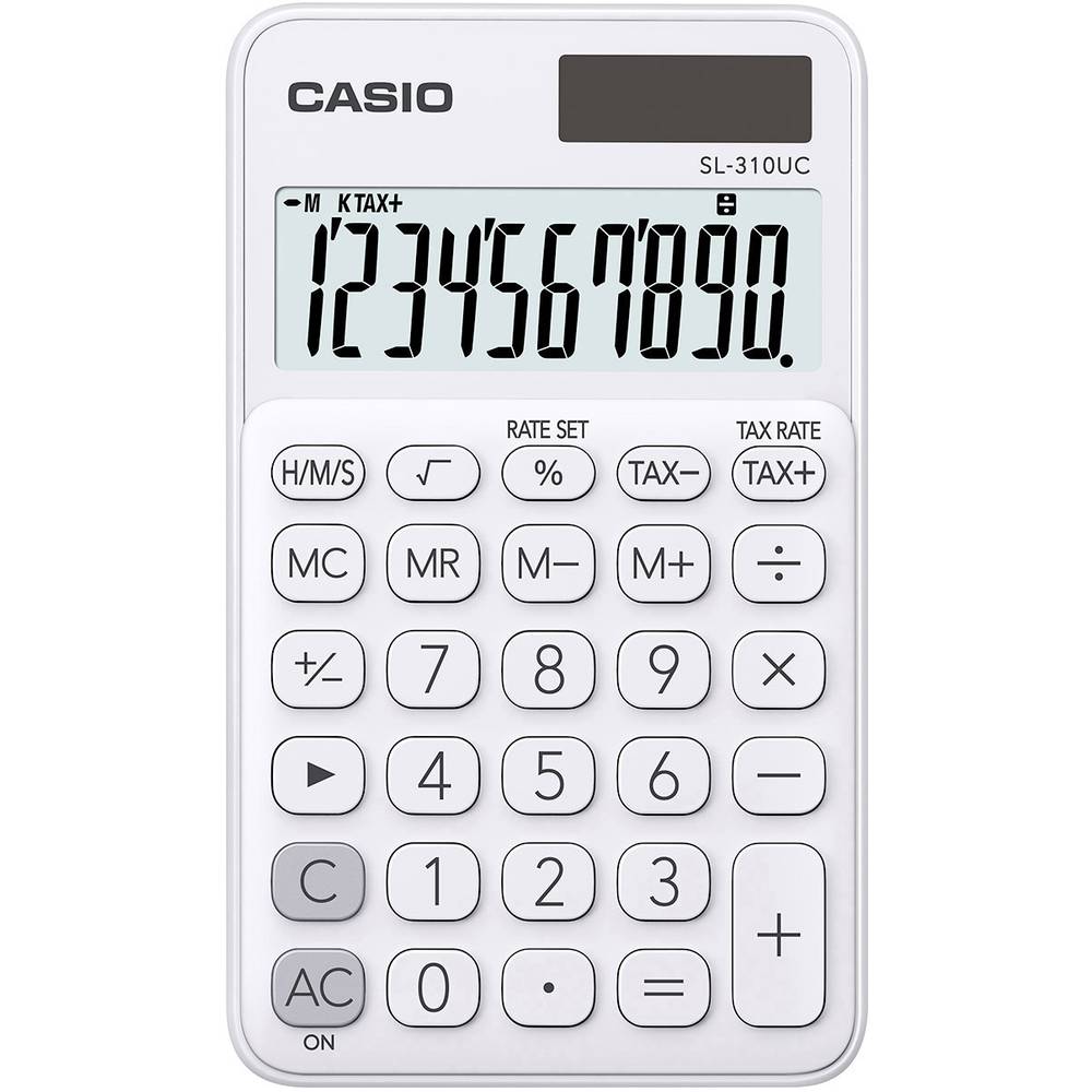 Casio SL-310UC Calculadora de Bolsillo con Pantalla LCD de 10 Digitos - Calculo de Impuestos - Alimentacion Solar y Pilas - Compacta y Ligera - Color Blanco