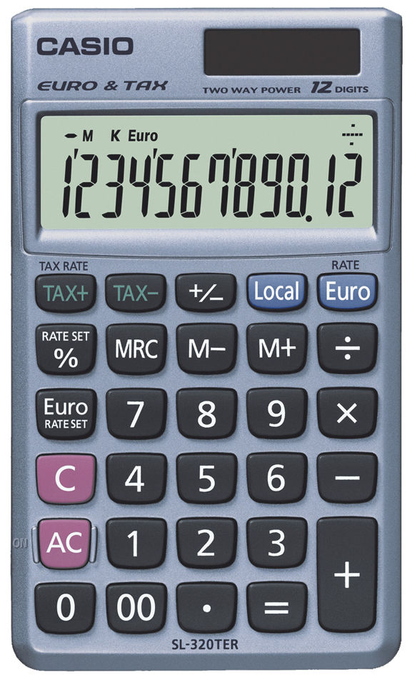 Casio SL-320TER+ Calculadora de Bolsillo - Pantalla LC Extragrande de 12 Digitos - Funcion Conversor de Euros - Color Azul