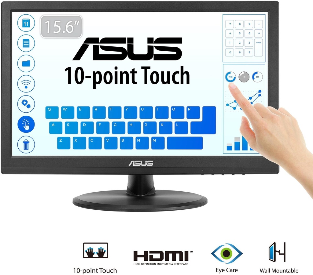 Asus VT168HR Monitor Tactil 15.6" LED WXGA 60Hz - Capacidad Tactil 10 Puntos - Respuesta 5ms - 16:9 - USB, HDMI, VGA - VESA 75x75mm