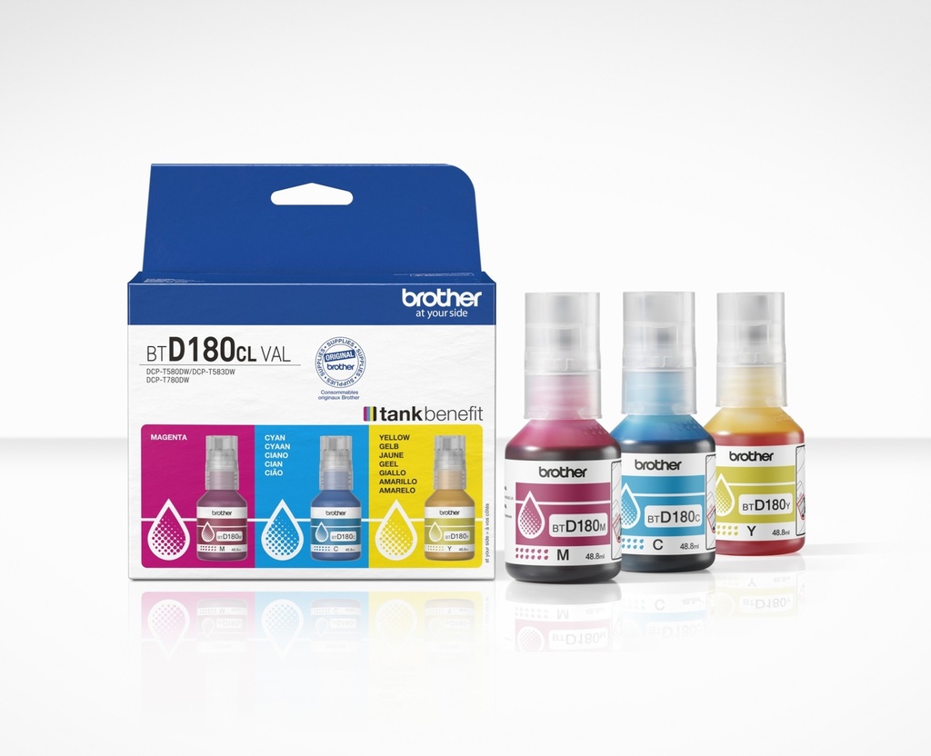 Brother BTD180CLVAL Pack de 3 Botellas de Tinta Original Cyan, Magenta y Amarillo - BTD180CLVAL