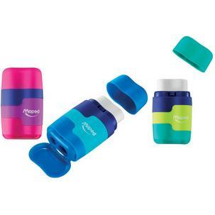 Maped Connect Duo Afilaborra de 2 Orificio con Goma de Borrar - Deposito de Gran Capacidad - Forma Ergonomica - Colores Surtidos