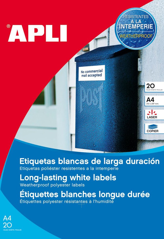 Apli Pack de 20 Etiquetas de Poliester Blancas 210 x 297 mm - Adhesivo Permanente - Cantos Rectos - Resistentes a la Intemperie