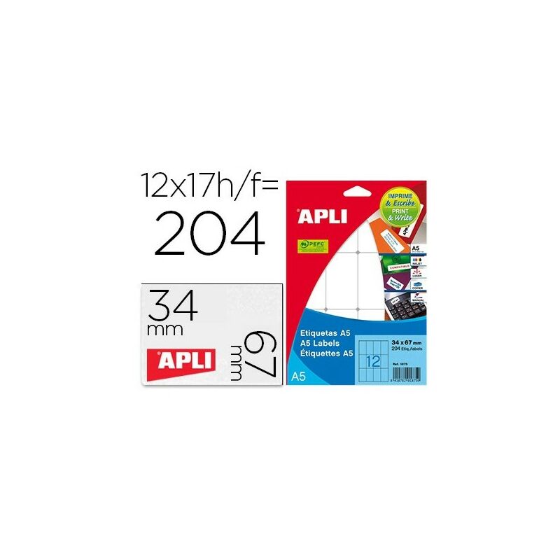Apli Etiquetas A5 Blancas 12.0 x 30.0mm 15 Hojas
