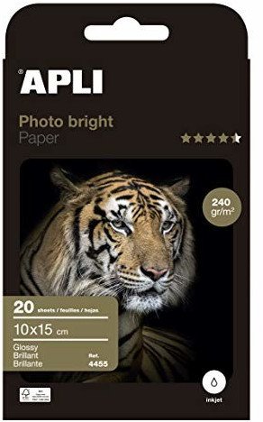 Apli Photobright Pack de 20 Hojas de Papel Fotografico 10x15cm 240g/m² - Acabado Brillante - Apto para Impresoras Inkjet