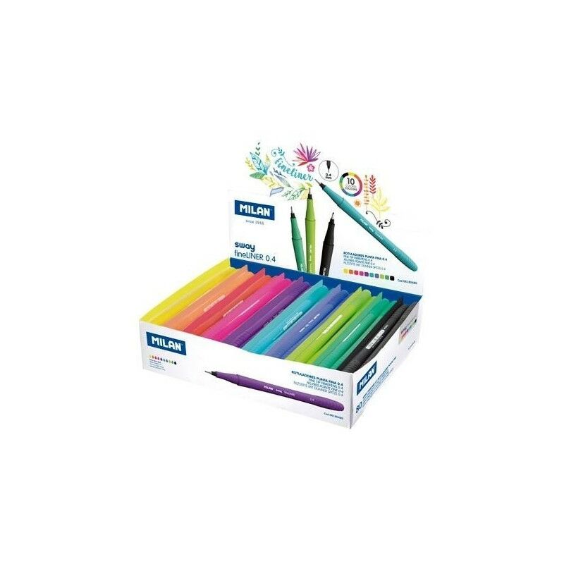 Milan Sway Fineliner Expositor de 80 Rotuladores - Punta Fina 0.4mm - Ergonomico - Tinta al Agua - Colores Surtidos