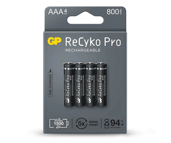 GP ReCyko Pro Pack de 4 Pilas Recargables 800mAh AAA 1.2V - Precargadas - Ciclo de Vida: Hasta 1.500 Veces