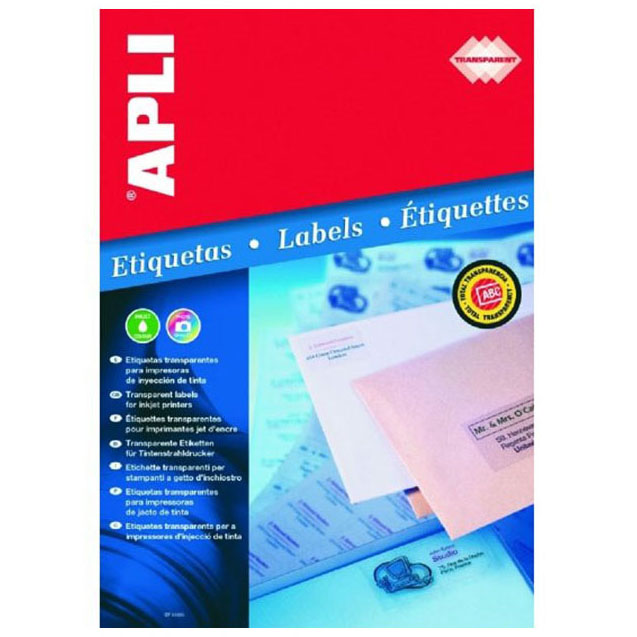 Apli Pack de 240 Etiquetas 70x37mm - 10 Hojas por 24 Etiquetas - Adhesivo Permanente - Cantos Rectos - Transparentes