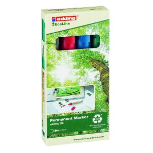 Edding 22 EcoLine Pack de 4 Rotuladores Permanentes - Punta Biselada - Trazo entre 1 y 5mm - 90% de Plastico Reciclado - Colores Surtidos