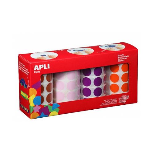 Apli Pack de 4 Rollos de Gomets Redondos Ø 33mm - 708 Gomets por Rollo - Adhesivo Permanente - 2832 Gomets en Total - Ideales para Escuelas Infantiles - Colores Marron, Rosa, Lila y Naranja