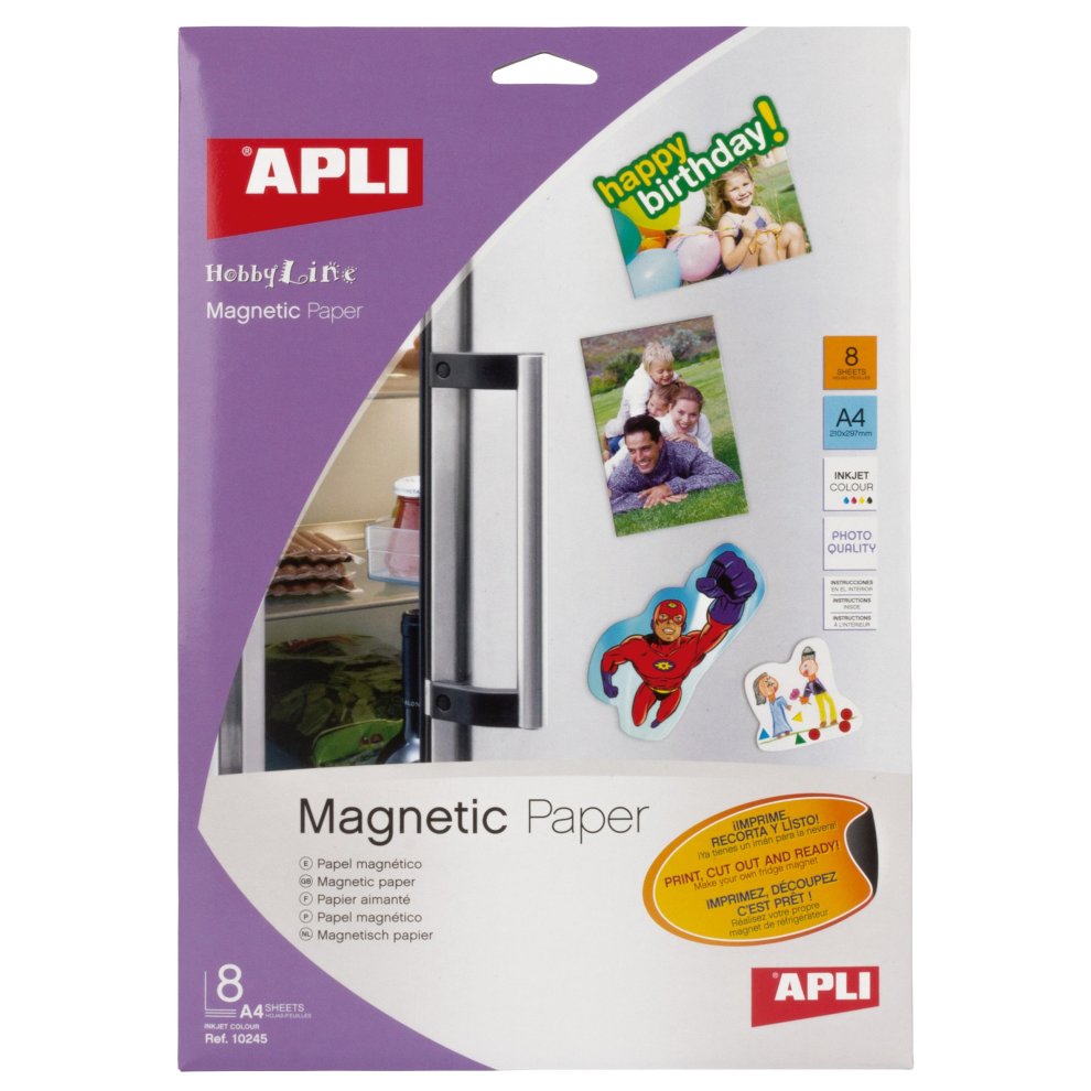 Apli Pack de 8 Hojas de Papel Magnetico A4 - 650gr - Apto para Impresoras Inkjet - Facil de Usar - Ideal para Imagenes Personalizadas y Decoracion