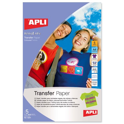 Apli Pack de 5 Hojas de Papel Transfer para Impresoras Inkjet - Ideal para Prendas de Color - Perfecto para Personalizar Ropa de Algodon - Facil de Usar y Lavar con Agua Fria