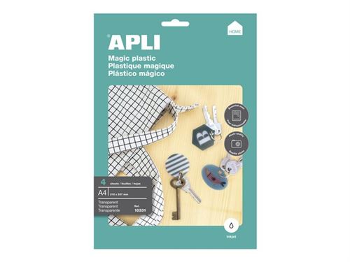 Apli Pack de 4 Hojas de Plastico Magico Imprimible - Apto para Impresoras Inkjet - Transforma Diseños en 3D - Ideal para Colgantes y Llaveros