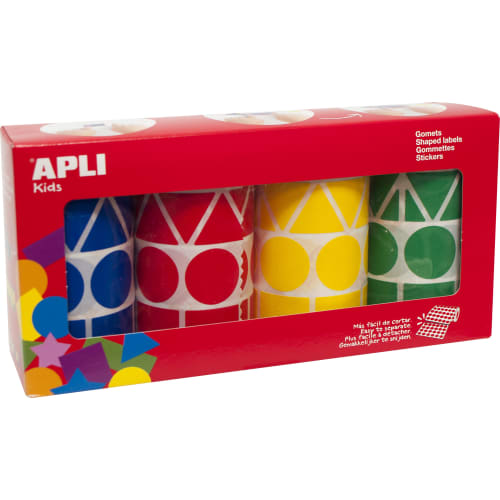 Apli Pack con 4 Rollos de Gomets Geometricos XL - 1357 Gomets por Rollo - Adhesivo Permanente - 5.428 Gomets en Total - Ideales para Escuelas Infantiles - Colores Azul, Rojo, Amarillo y Verde