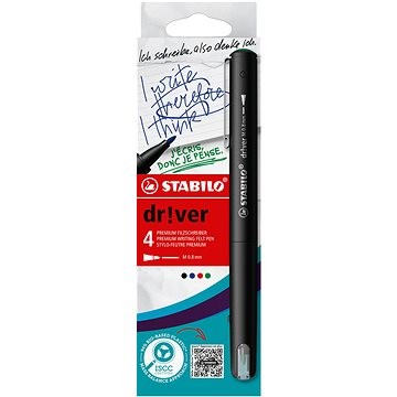 Stabilo Dr!ver Pack de 4 Rotuladores de Punta Media 0.8mm - Tinta a Prueba de Manchas, Inodora y con Base al Agua - Fabricado con 94% de Bioplastico - Colores Surtidos
