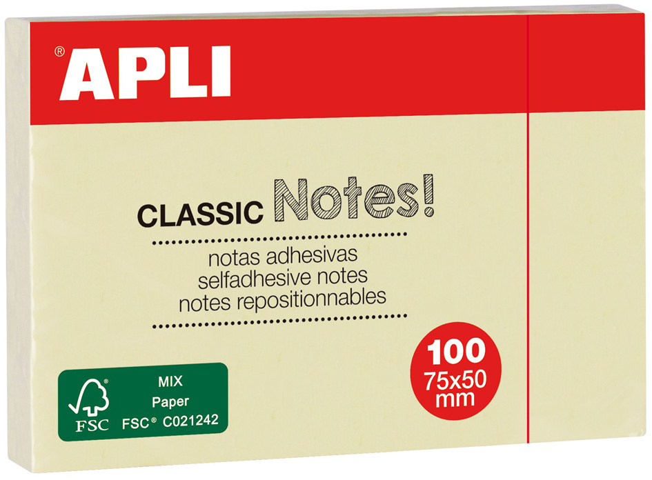 Apli Notas Adhesivas Classic 75x50mm Bloc 100 Hojas - Adhesivo de Calidad - Facil de Despegar - Ideal para Recordatorios - Amarillo