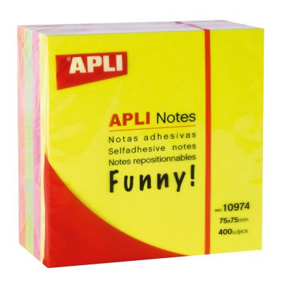 Apli Funny Cubo de 400 Notas Adhesivas 75 x 75 mm - Colores Surtidos Fluorescentes